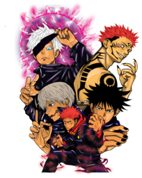 a custom artwork of an anime frictional character; megumi fushiguro, yuji itadori, satoru gojo, sakuna, toge inumaki