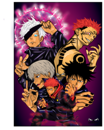 a custom artwork of an anime frictional character; megumi fushiguro, yuji itadori, satoru gojo, sakuna, toge inumaki